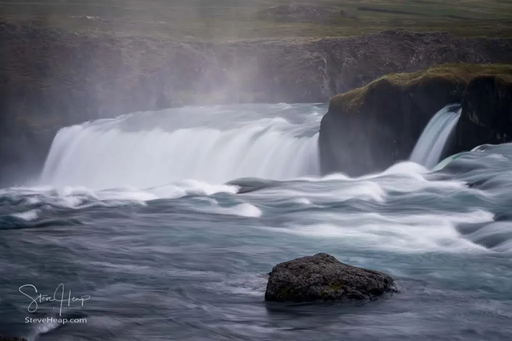 Close up of one of the falls at Godafoss, or Waterfall of the Gods on the river Skjalfandafljot in a 2 second exposure