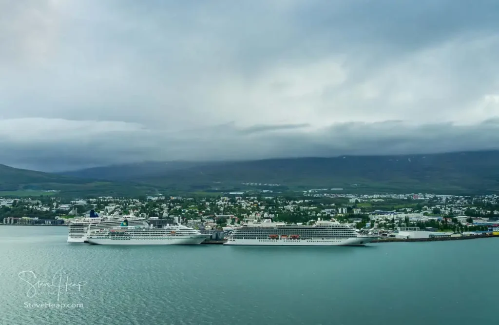 MS Amadea, Viking Neptune and Norwegian Star docked in harbour of Akureyri on the Eyjafjordur fjord.