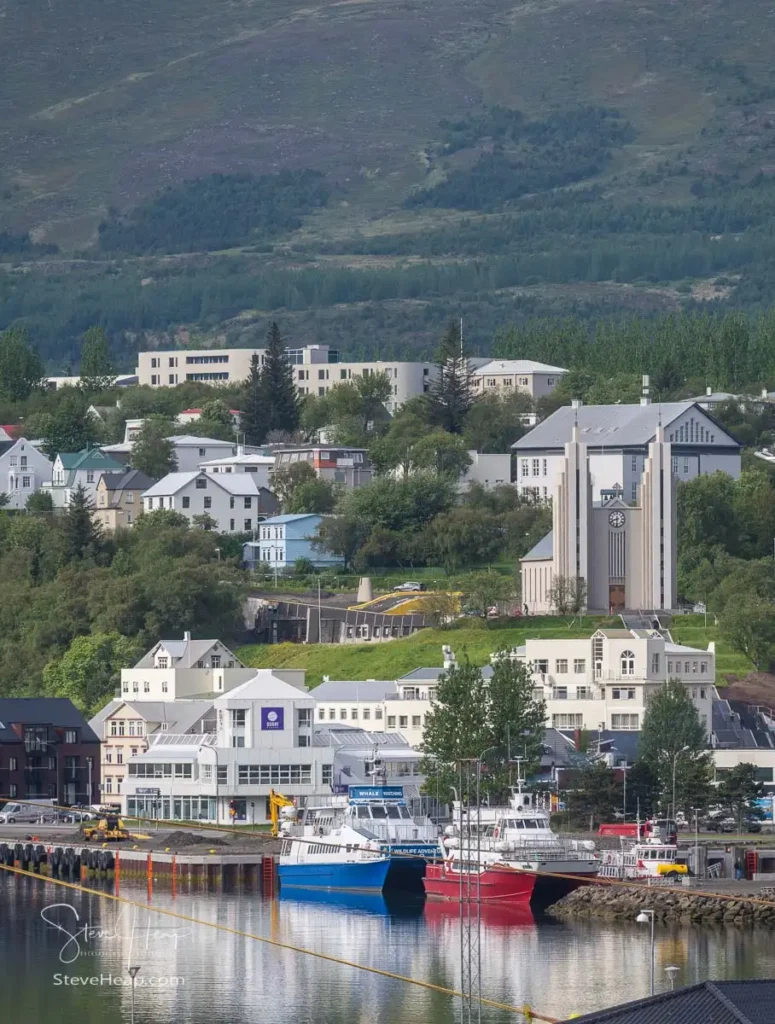 The Akureyrarkirkja or church on the hilltop above the harbor