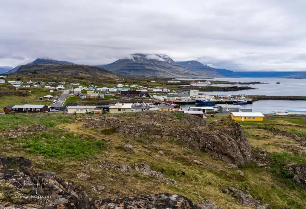 Panorama of the small town of Djupivogur in Eastern Iceland on a cold cloudy day seen from above