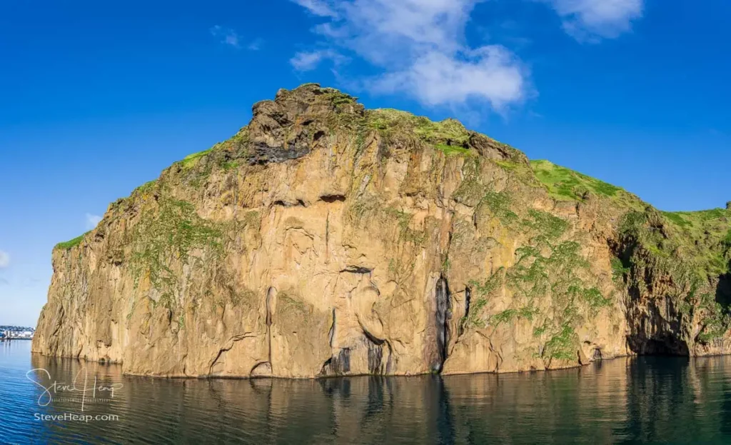 View of Heimaey island at the entrance to the Vestmannaeyjar harbour  with large cliff dotted with bird nests