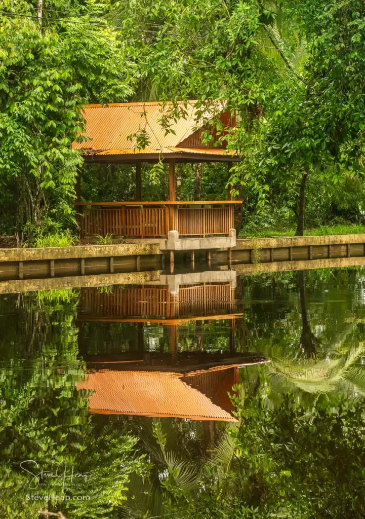 Small canopied deck overlooking the rivers and canals at the Evergreen Lodge