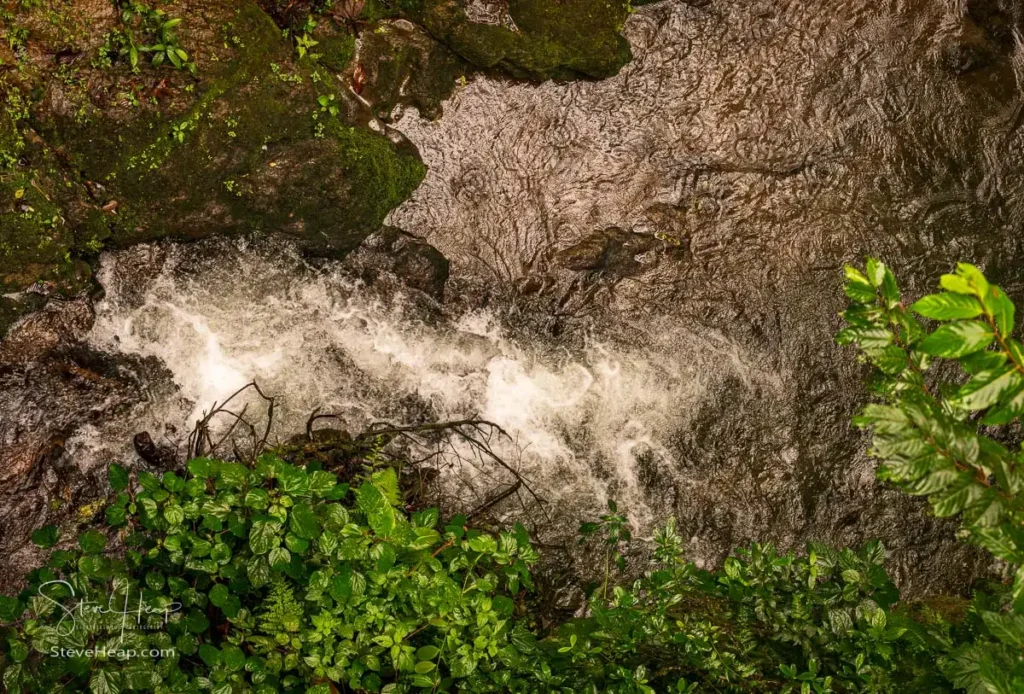 River and waterfall hundreds of feet below the hanging bridge in Santa Elena cloud forest