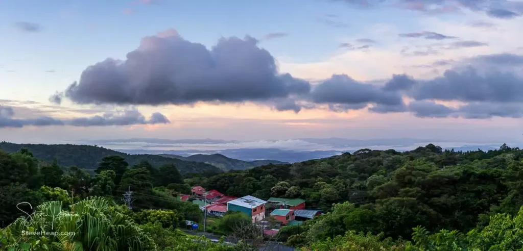 Sunrise over the hills of Costa Rica looking towards the west and the Pacific Ocean