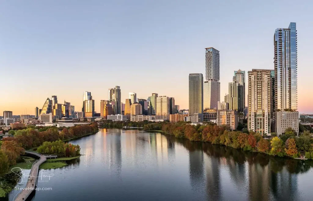 Aerial Sunset view of Austin Skyline from east along Colorado river