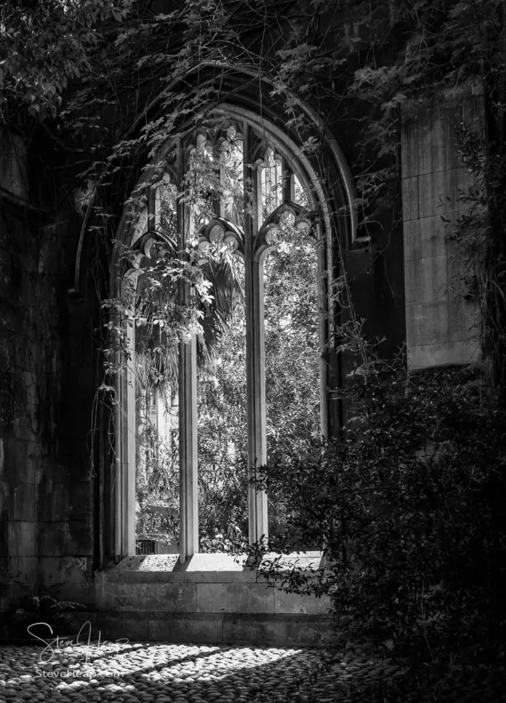 Black and white fine art photograph of the Gothic ruins of St Dunstan in the East church in London.