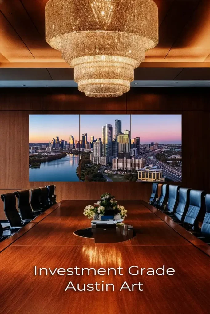 A large three-panel triptych print of the transformed 2026 Austin, Texas skyline, elegantly displayed as statement wall art in a modern corporate boardroom setting.