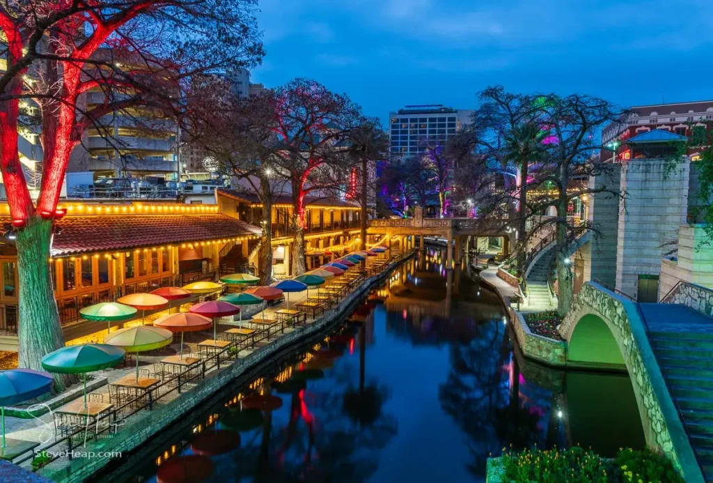 The San Antonio River Walk is quiet before dawn in Texas, lined with restaurants