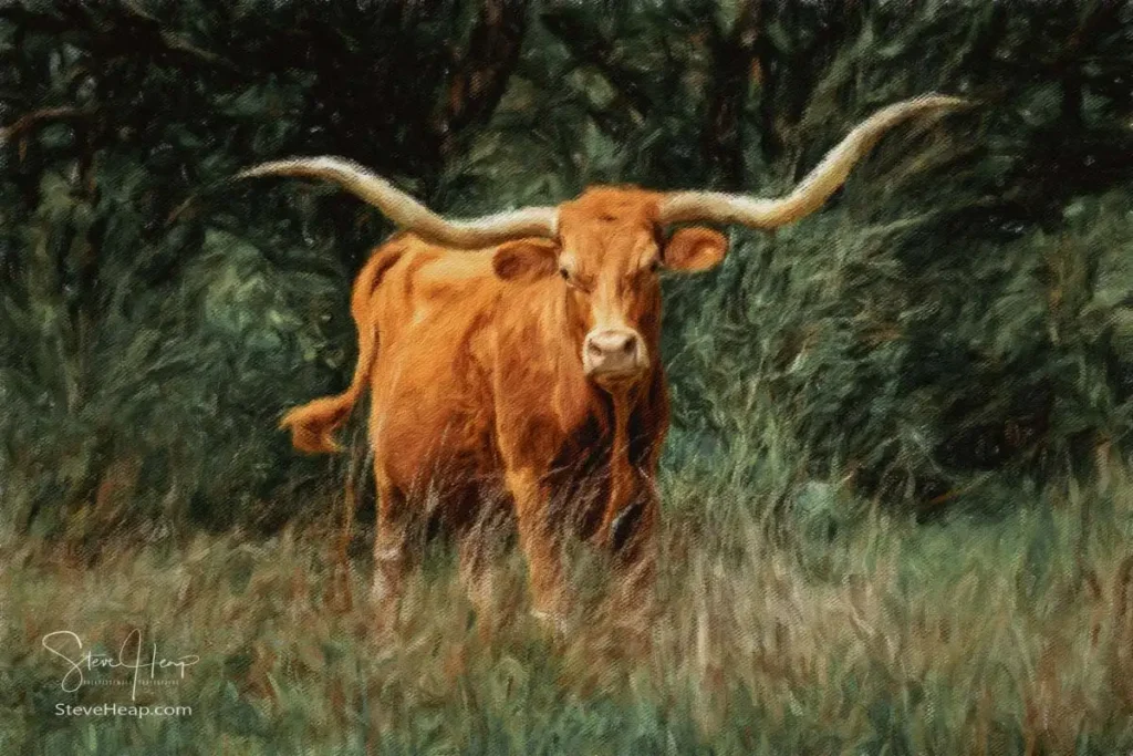 Impressionistic digital oil painting rendering of a Texas Longhorn cow in a warm Texas landscape