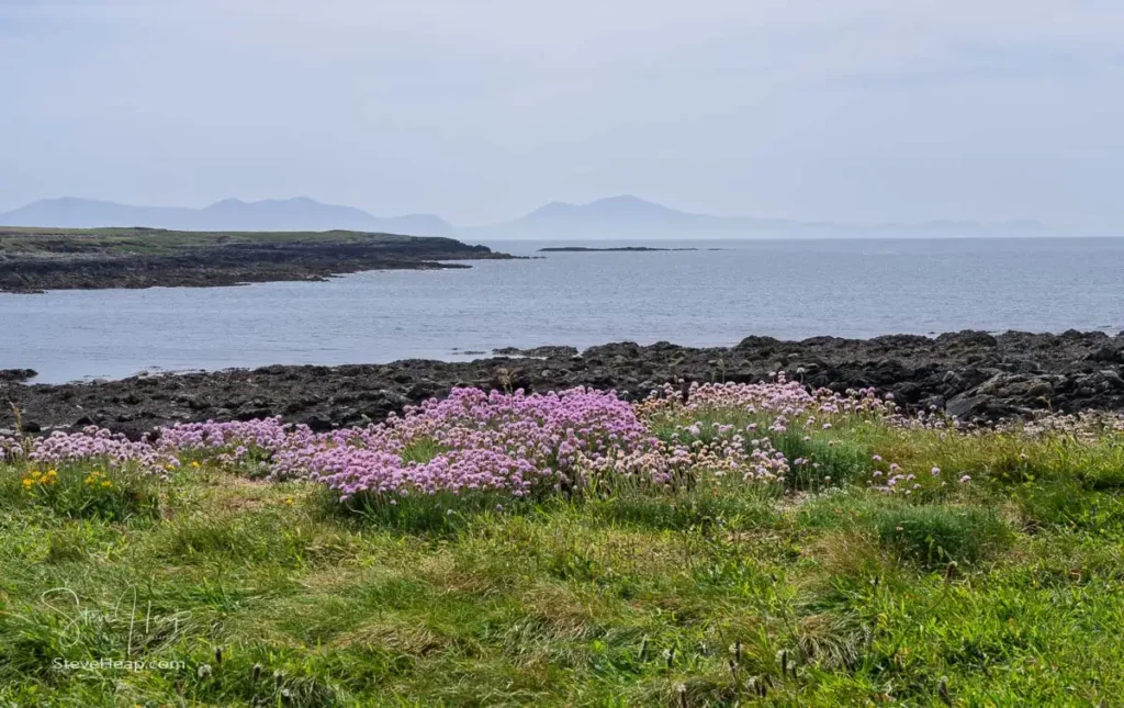 The misty mountains of North Wales from the Church in the Sea on Anglesey.