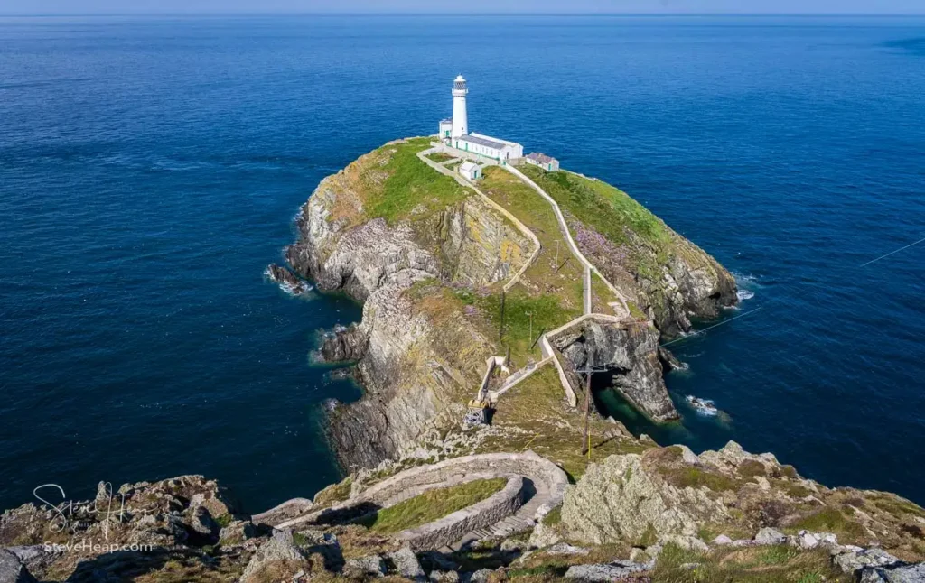 High vantage point view of South Stack Lighthouse on Holy Island, Anglesey