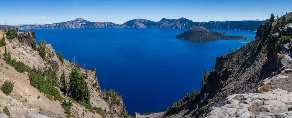 Broad panorama of Crater Lake in Oregon