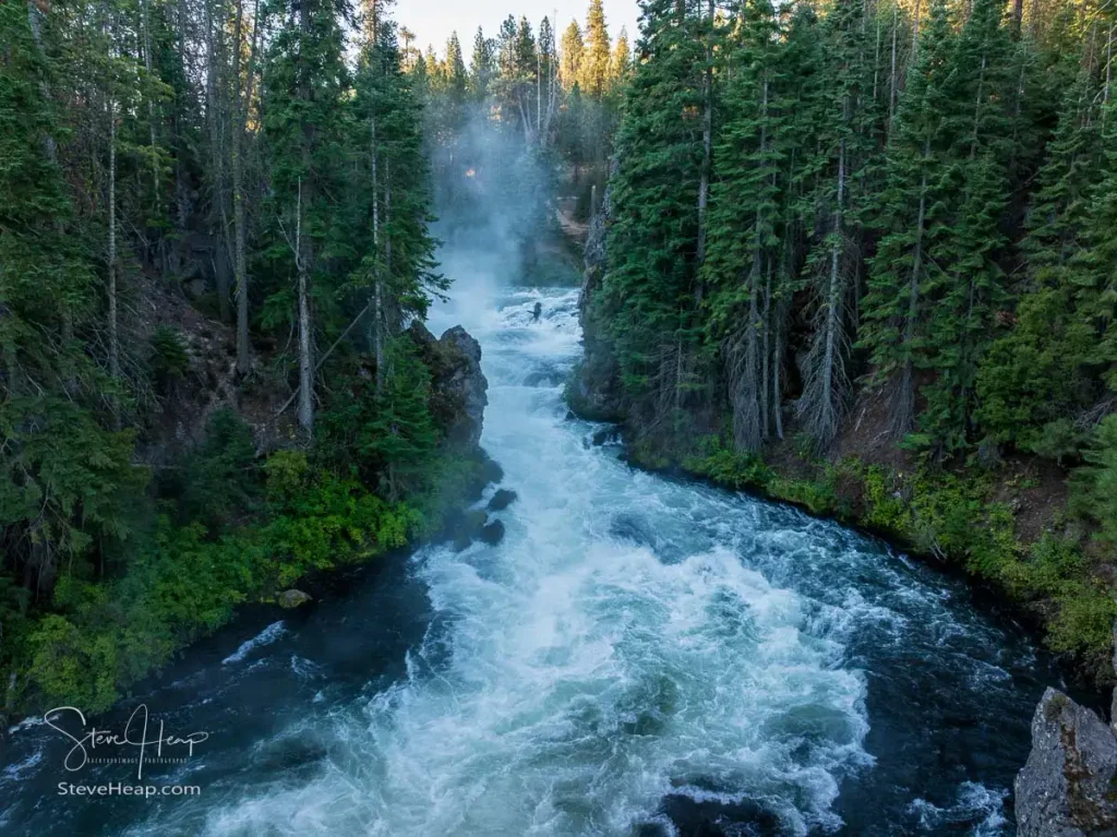 Early morning drone view of Benham Falls near Bend in Oregon