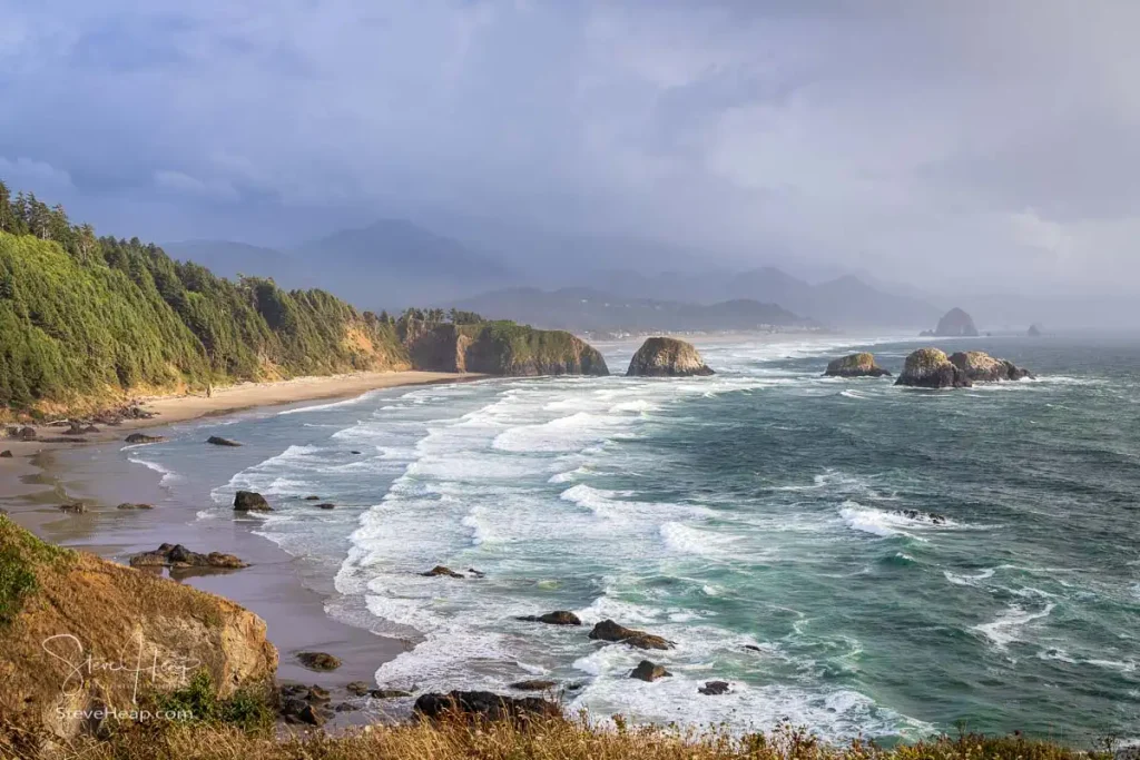 View along Cannon Beach from Ecola State Park as the rain storm started to approach