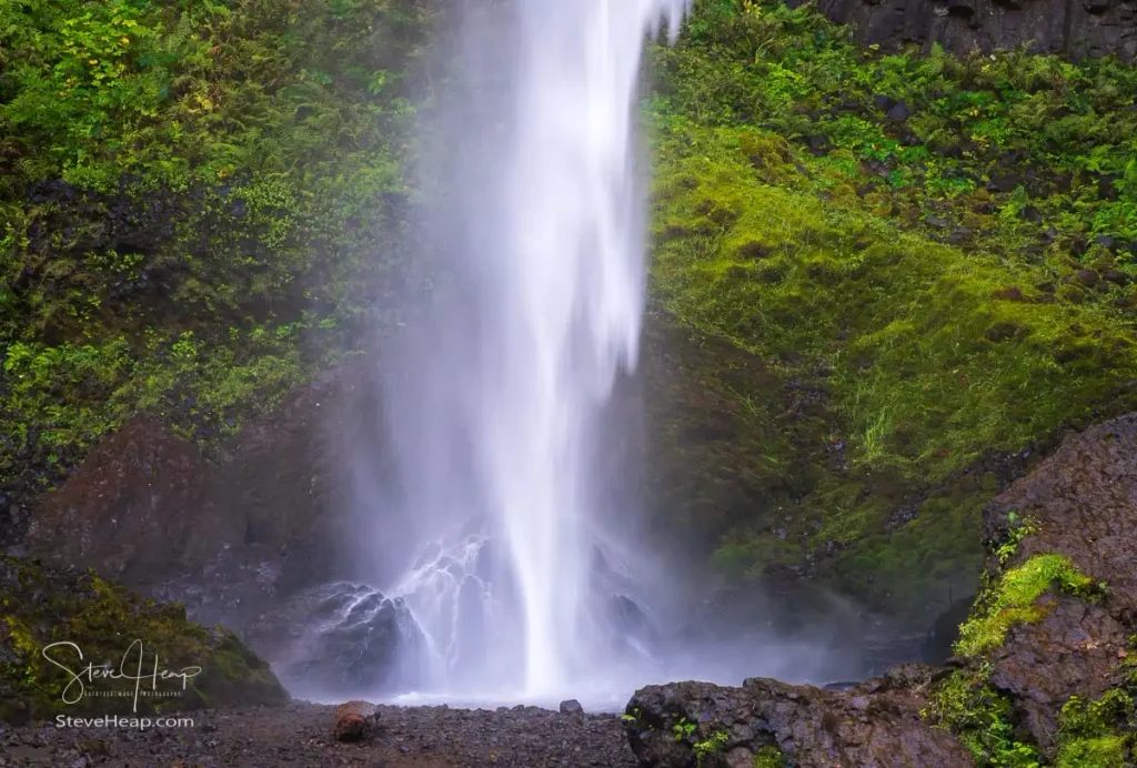 Lower Latourell Falls thundering onto the dark basalt dome at the canyon floor