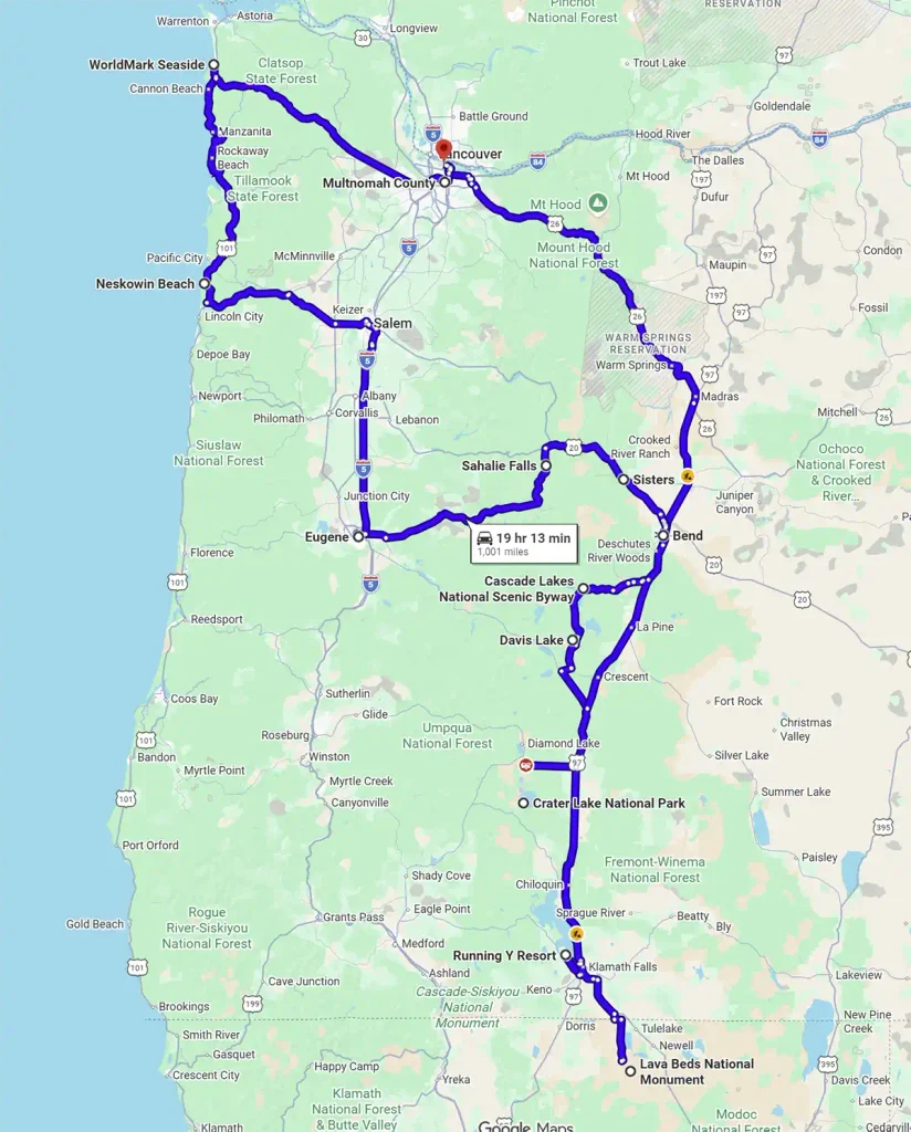 The planned driving route around the state of Oregon for late August 2026
